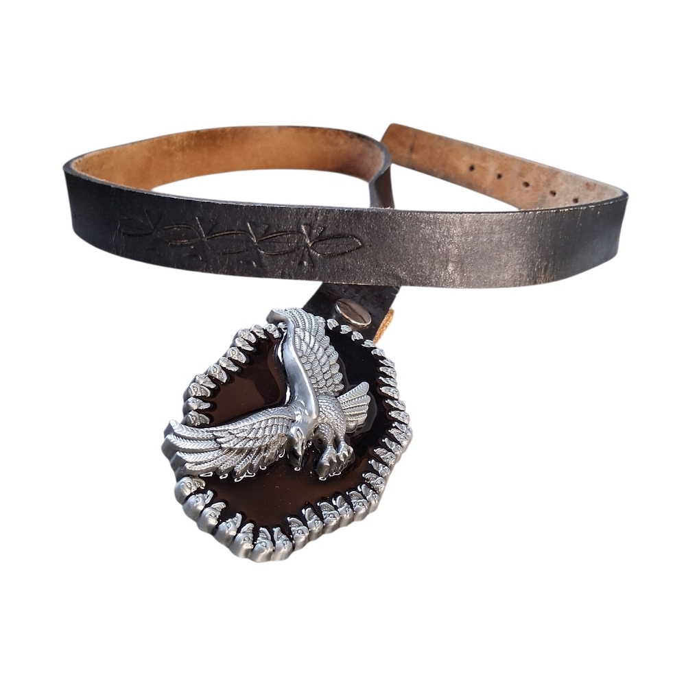 ​Y2K Black Leather Belt with Huge Silver Eagle Skull Biker Buckle Size 38 Grunge